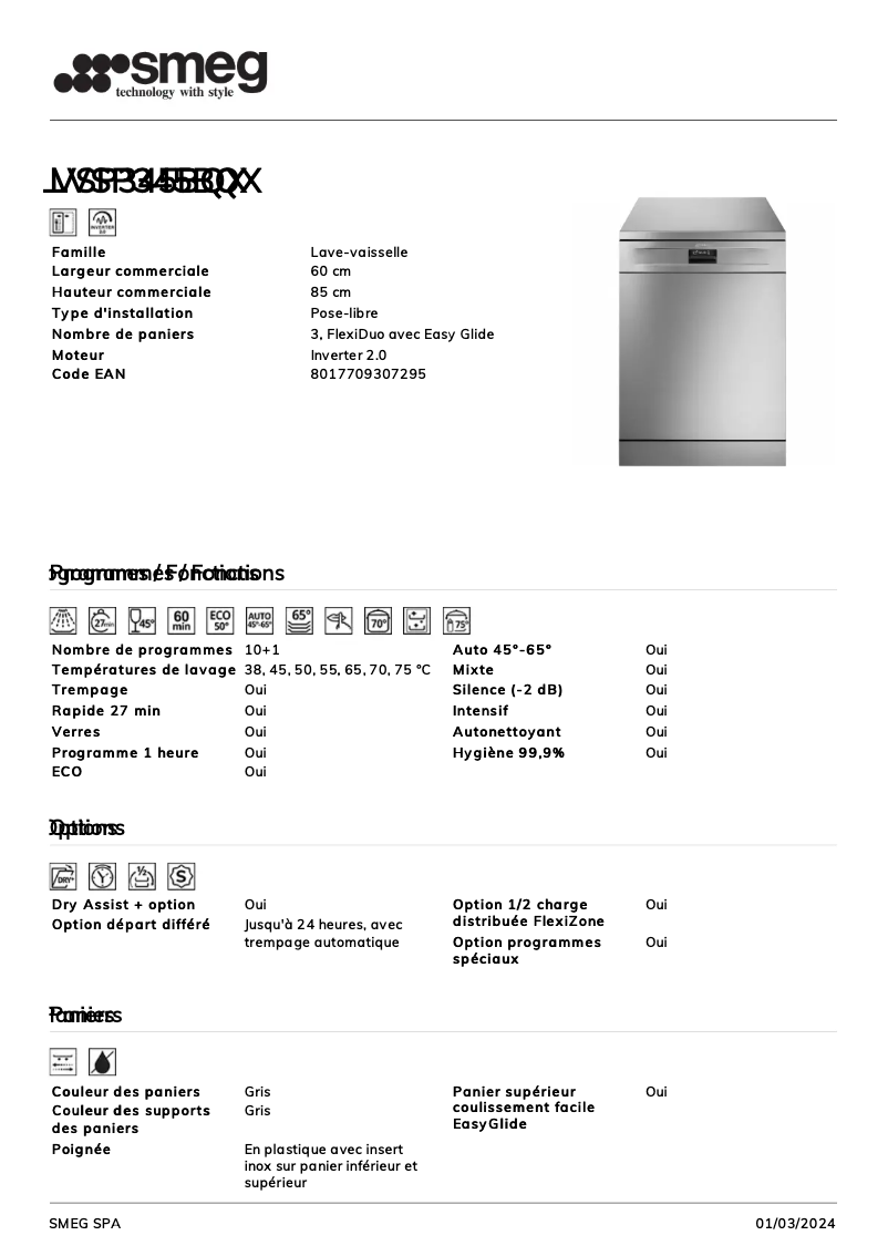 Page n°1 - Fiche technique Smeg LVSP345BQX