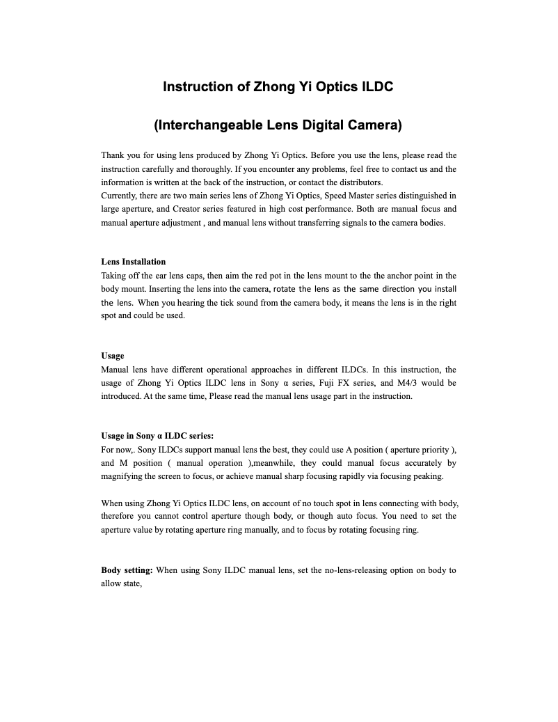 Page 1 de la notice Manuel utilisateur Zhong Yi Optics Mitakon Speedmaster 35mm f/0.95 Mark II