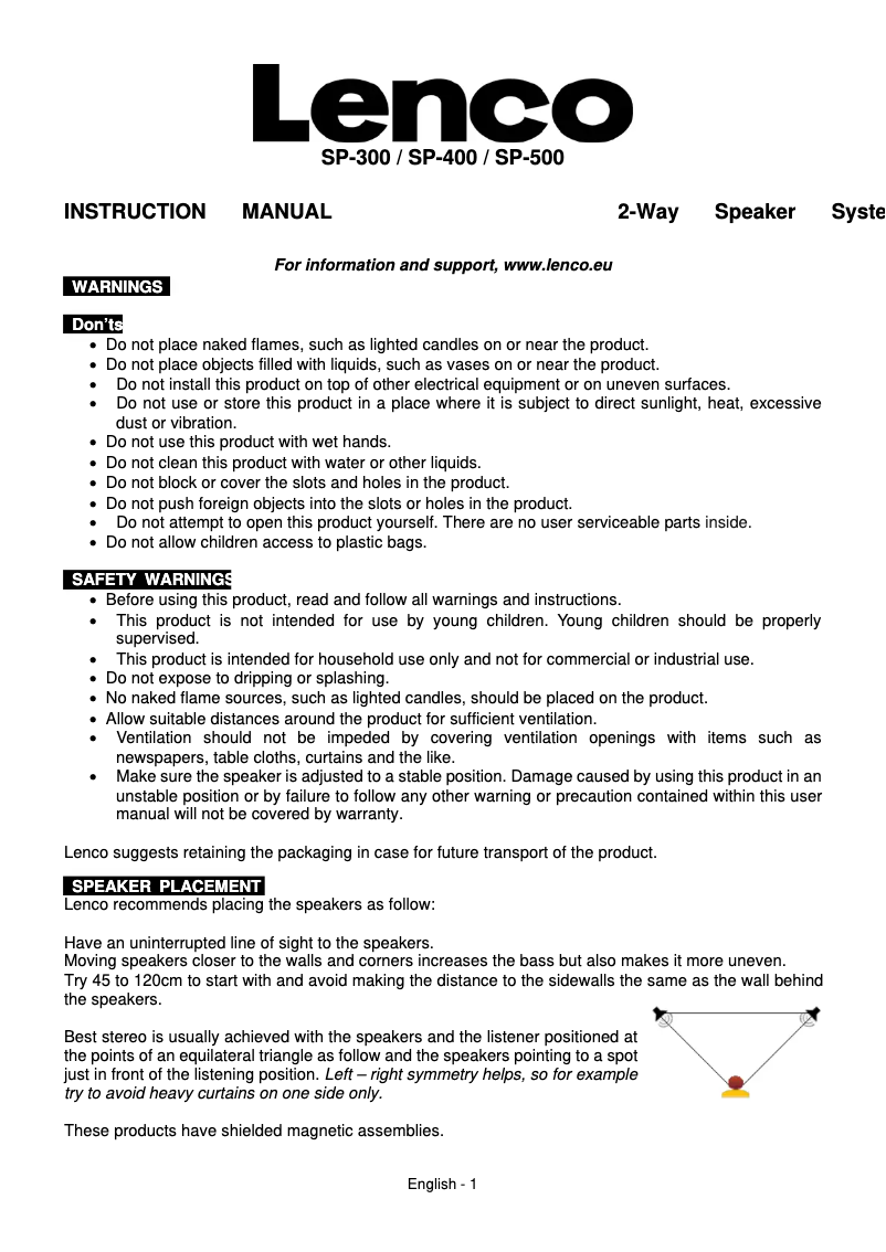 Page n°1 - Manuel utilisateur Lenco SP-300