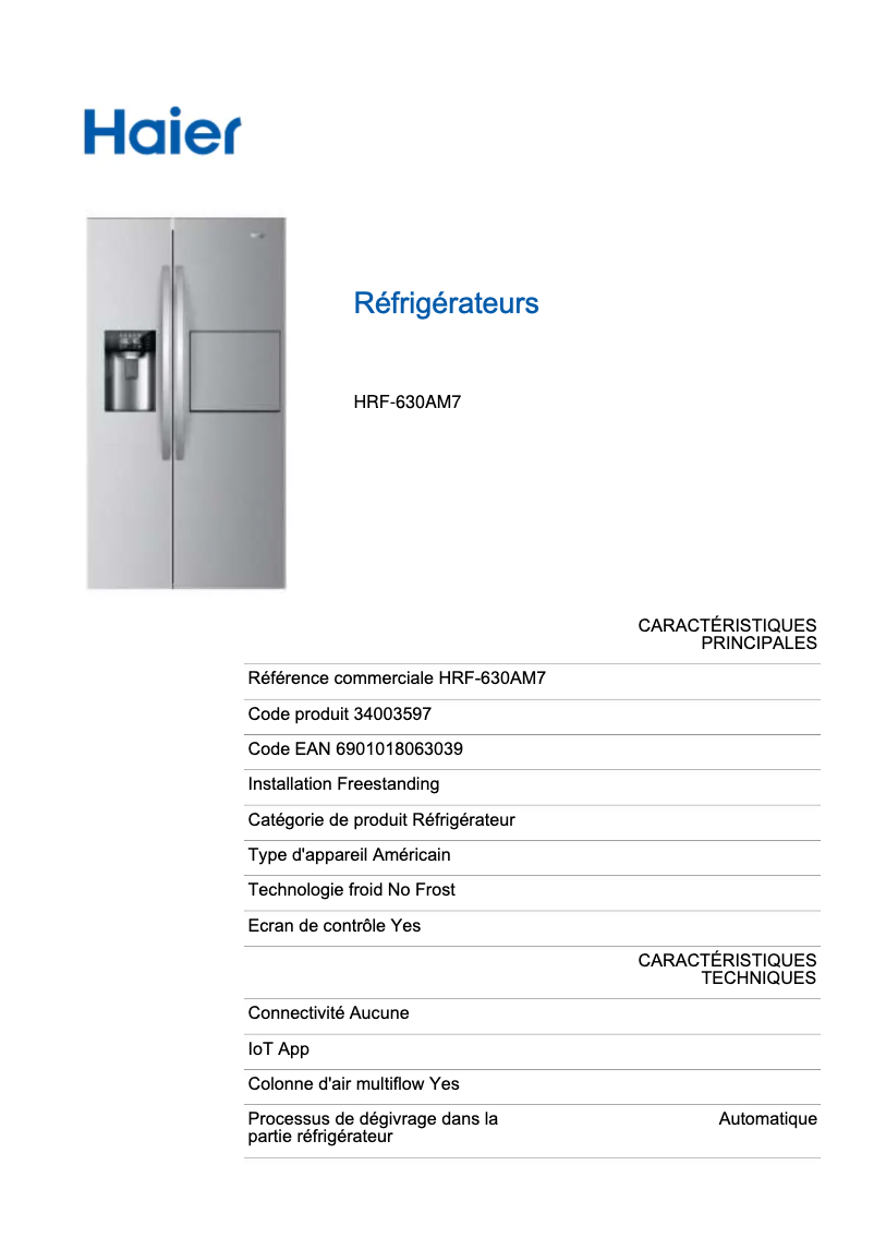 Page n°1 - Label énergétique Haier HRF-630AM7