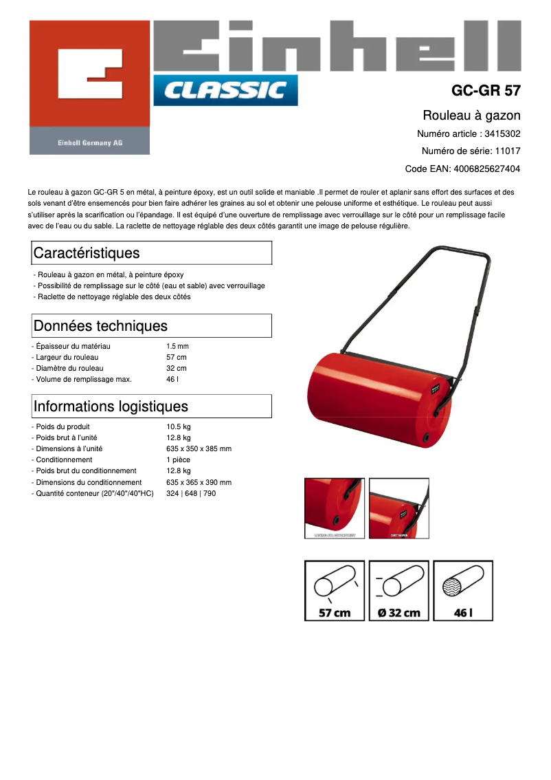 Page 1 de la notice Fiche technique Einhell GC-GR 57