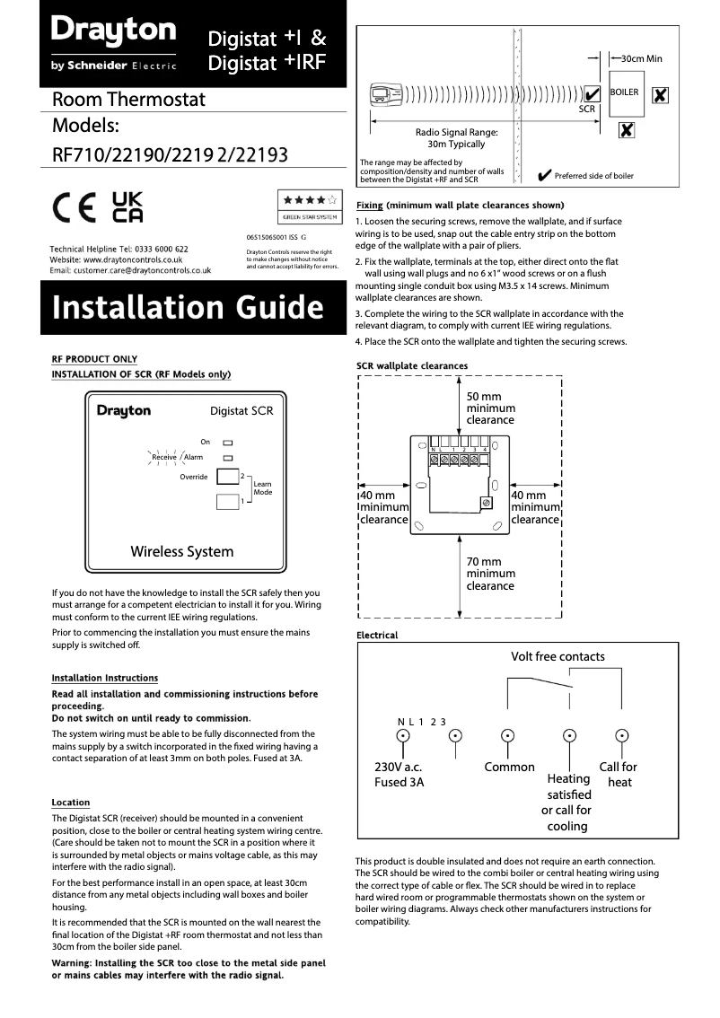 Page 1 de la notice Guide d'installation Drayton Digistat+1RF