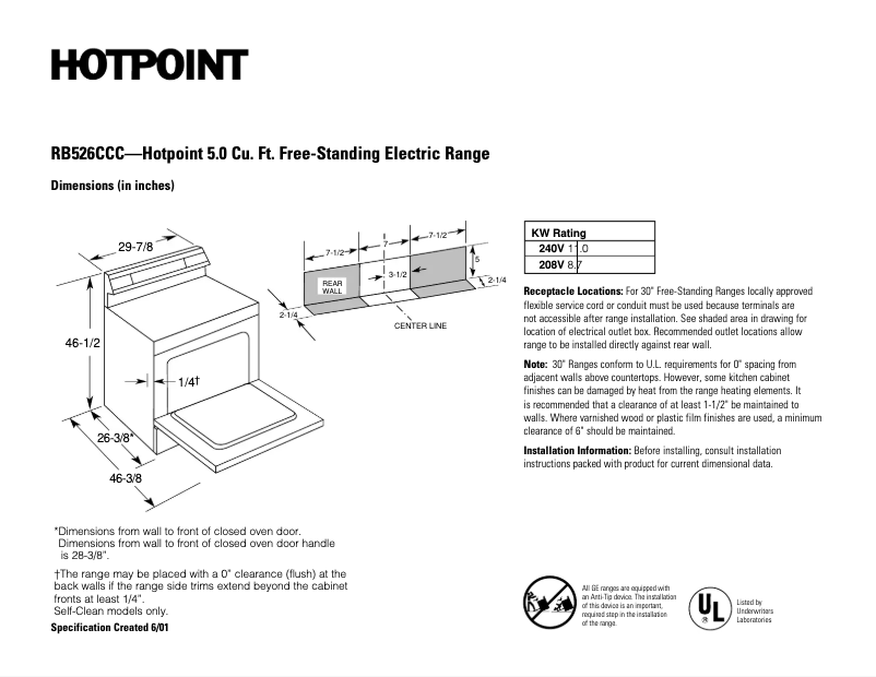 Page 1 de la notice Fiche technique Hotpoint RB526CCC