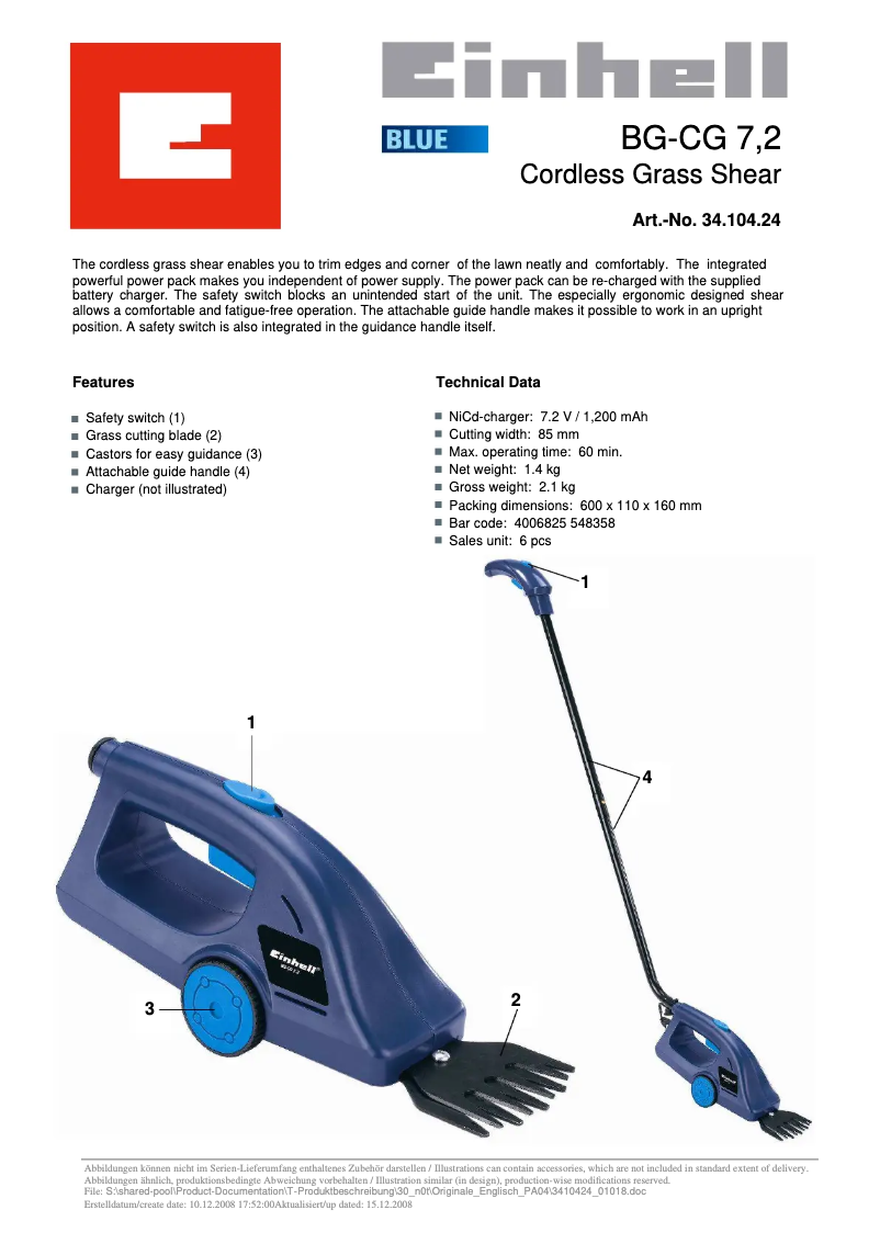 Image de la première page du manuel de l'appareil BG-CG 7,2