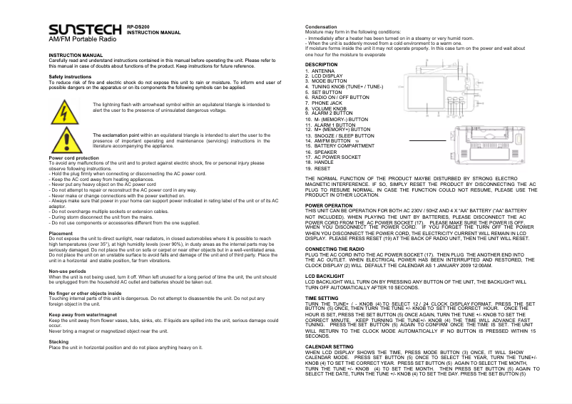 Page 1 de la notice Manuel utilisateur Sunstech RPDS200