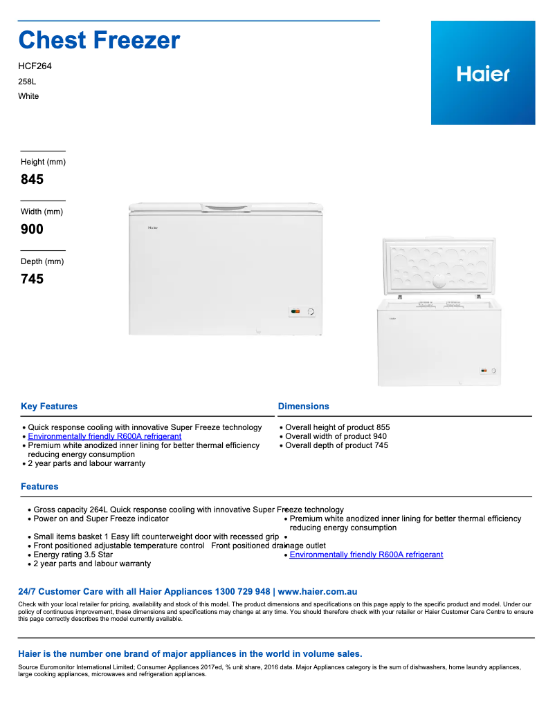 Page 1 de la notice Fiche technique Haier HCF264