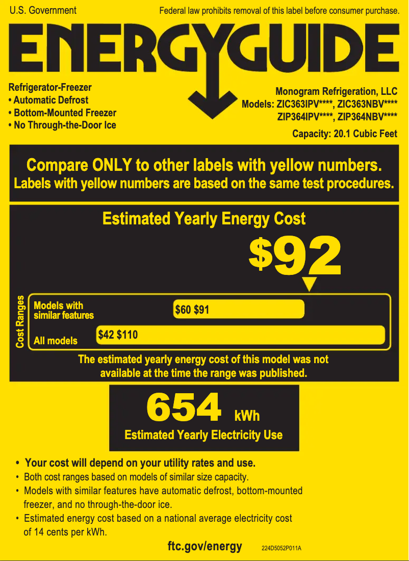 Page 1 de la notice Label énergétique Monogram ZIP364NBVII