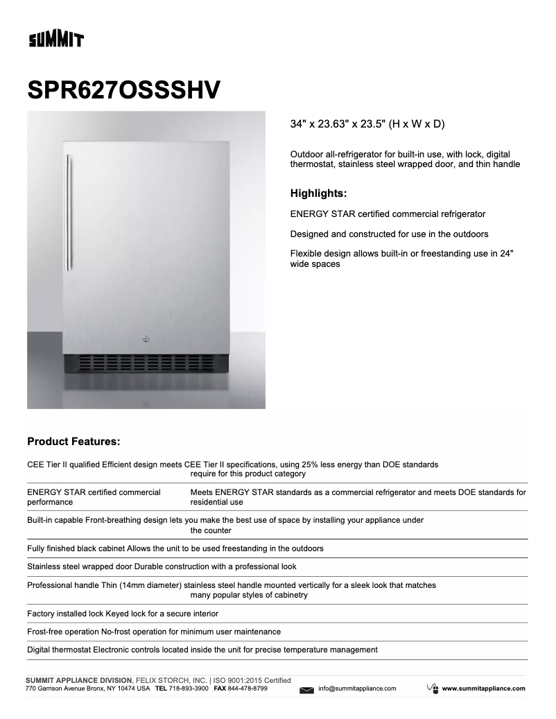 Page 1 de la notice Fiche technique Summit SPR627OSSSHV