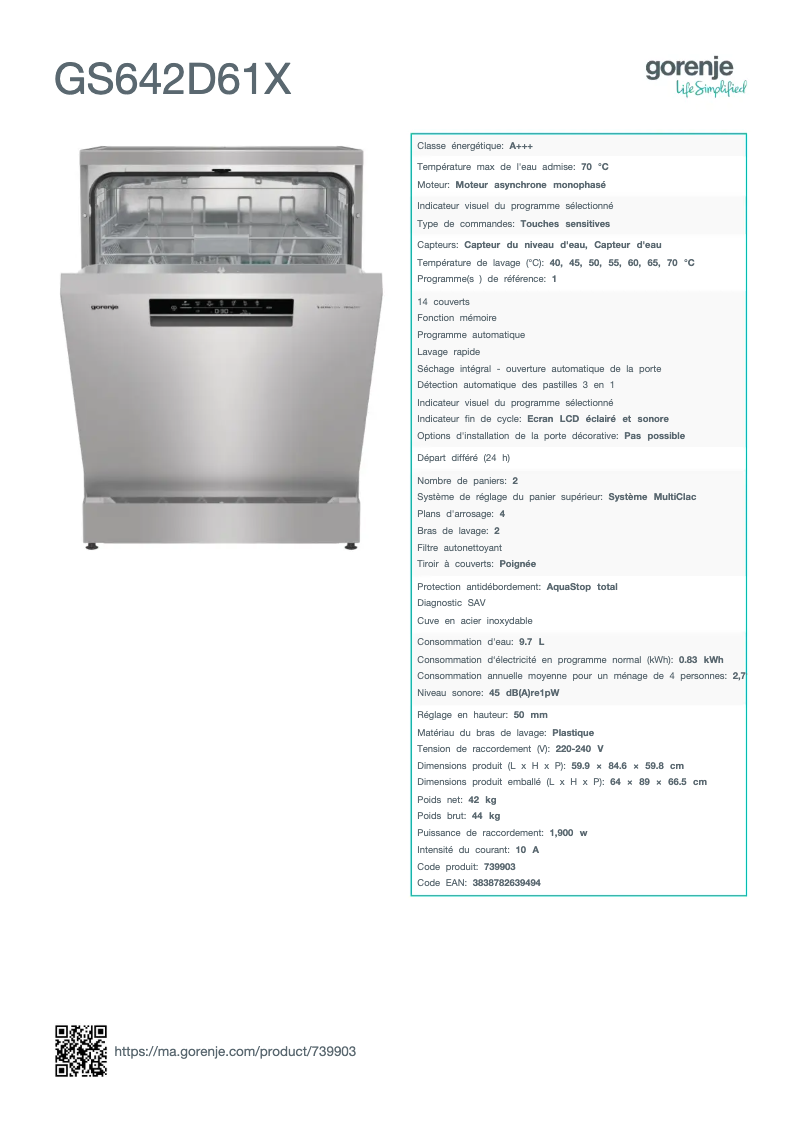 Page n°1 - Fiche technique Gorenje GS642D61X