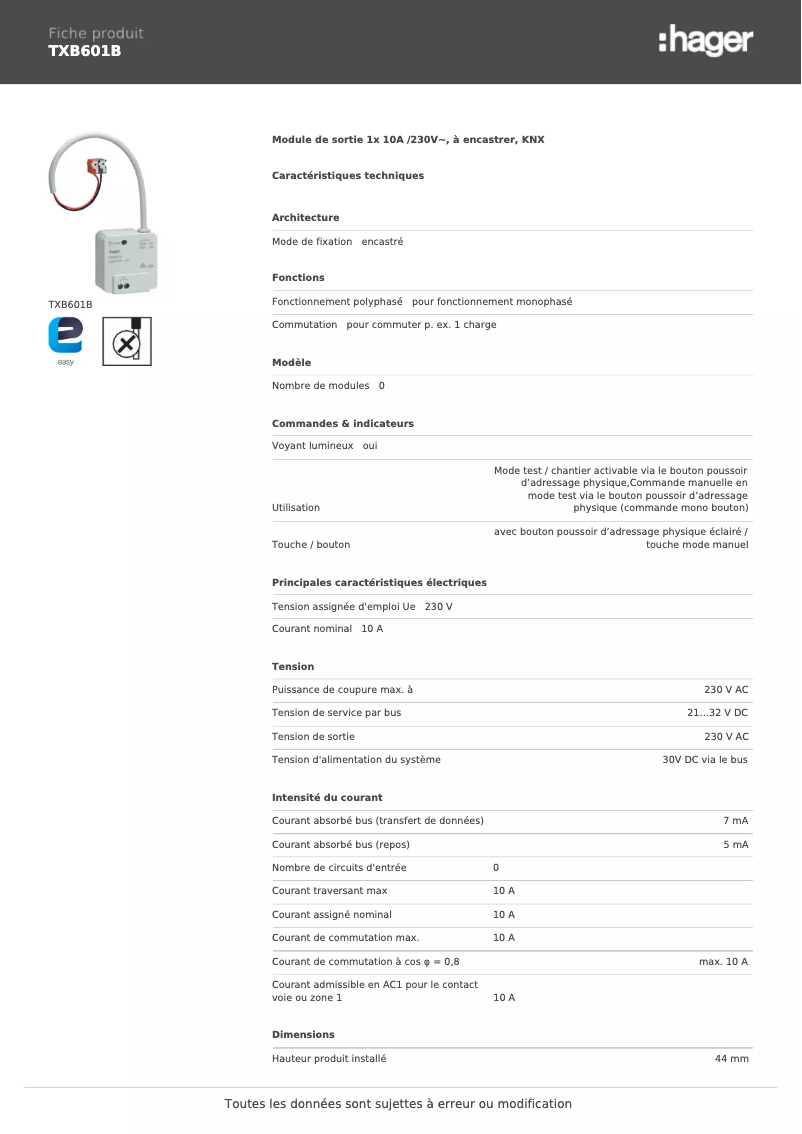 Page 1 de la notice Fiche technique Hager TXB601B