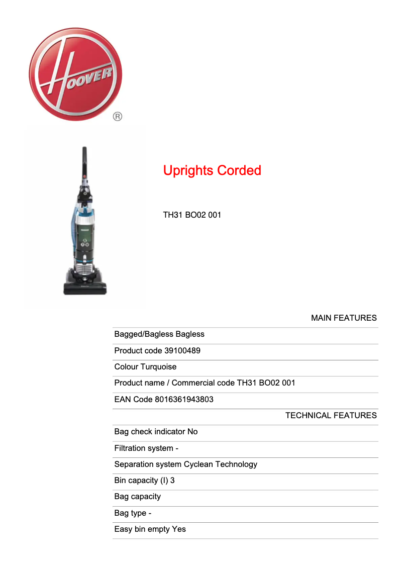 Page n°1 - Fiche technique Hoover Breeze Evo TH31 BO02 001