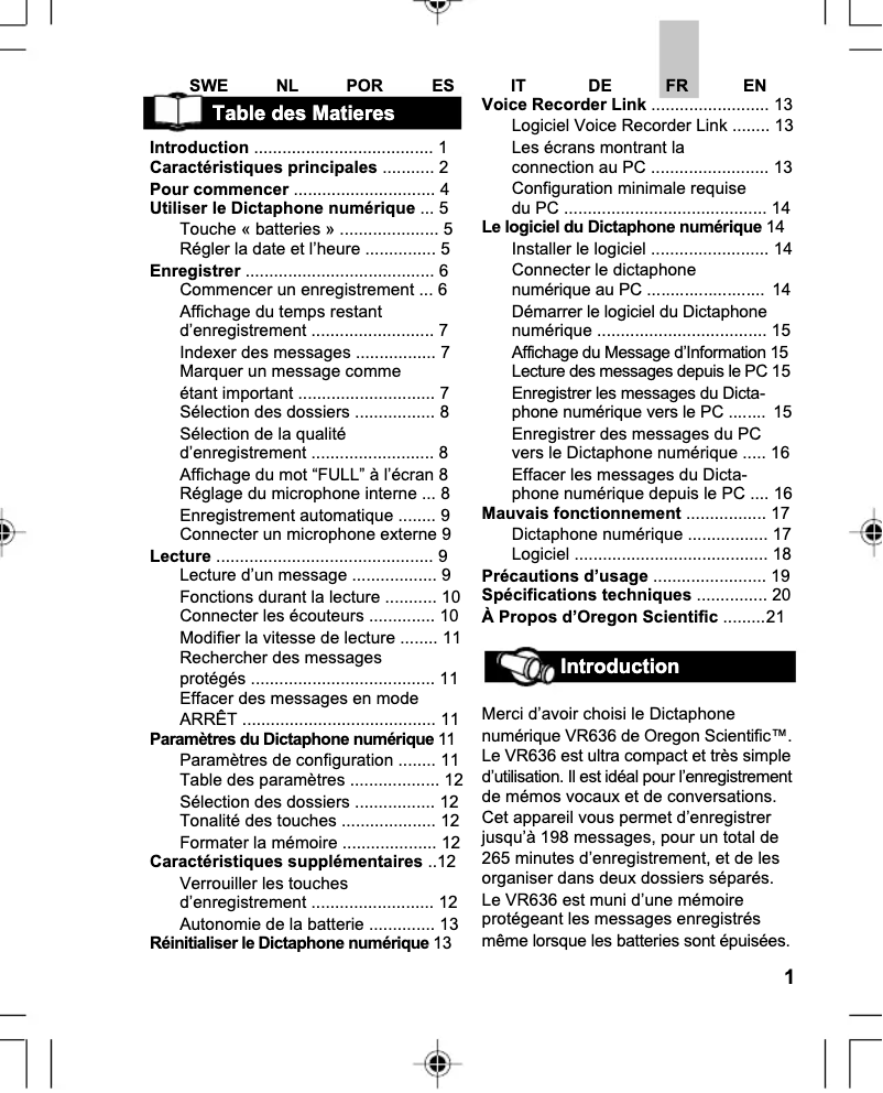 Page n°1 - Manuel utilisateur Oregon Scientific VR636
