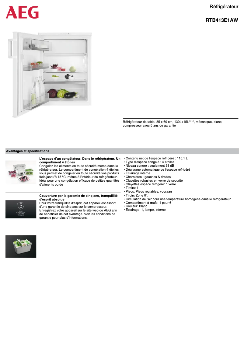 Page 1 de la notice Fiche technique AEG RTB413E1AW
