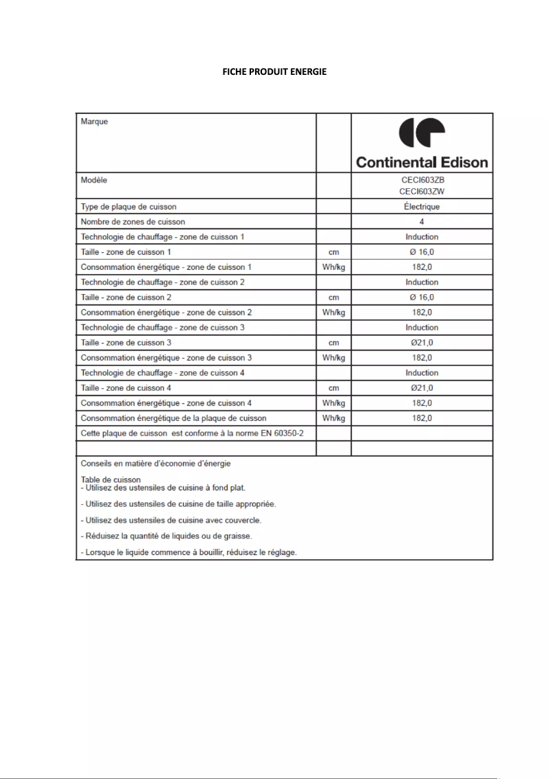 Page n°1 - Label énergétique Continental Edison CECI603ZW