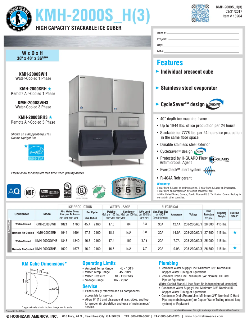 Page 1 de la notice Fiche technique Hoshizaki KMH-2000SRH3