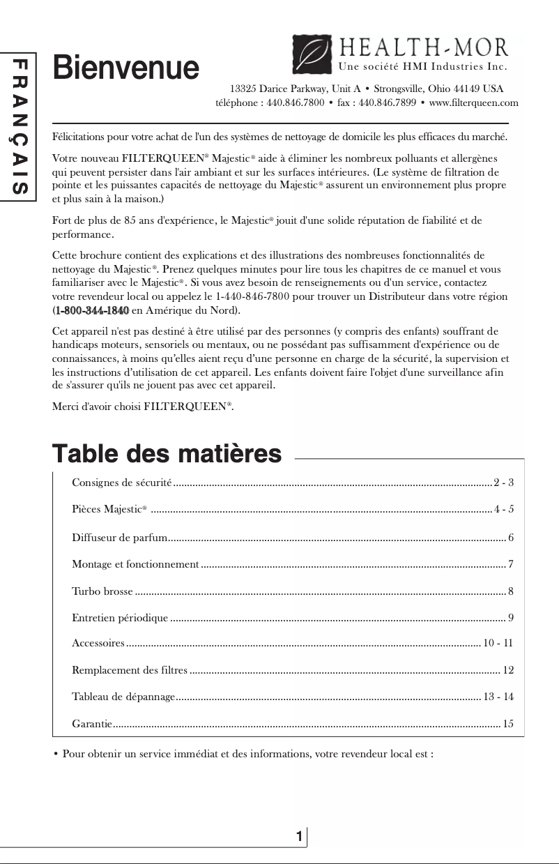 Page 1 de la notice Manuel utilisateur Health-Mor Majestic