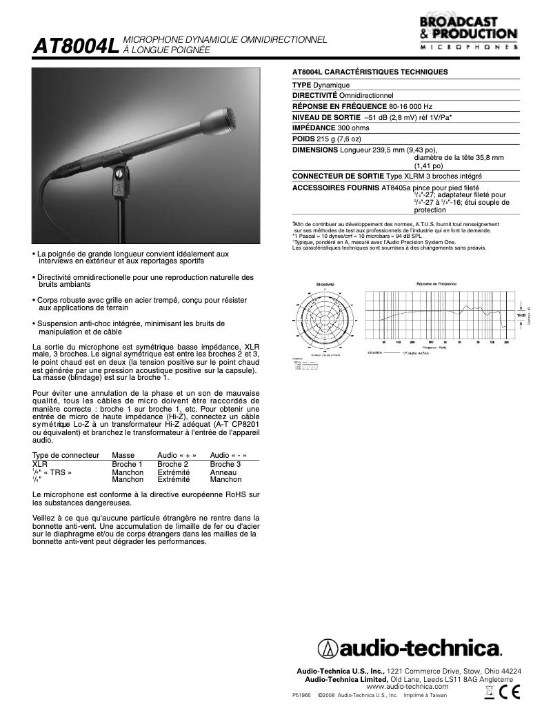 Page 1 de la notice Fiche technique Audio-Technica AT8004L