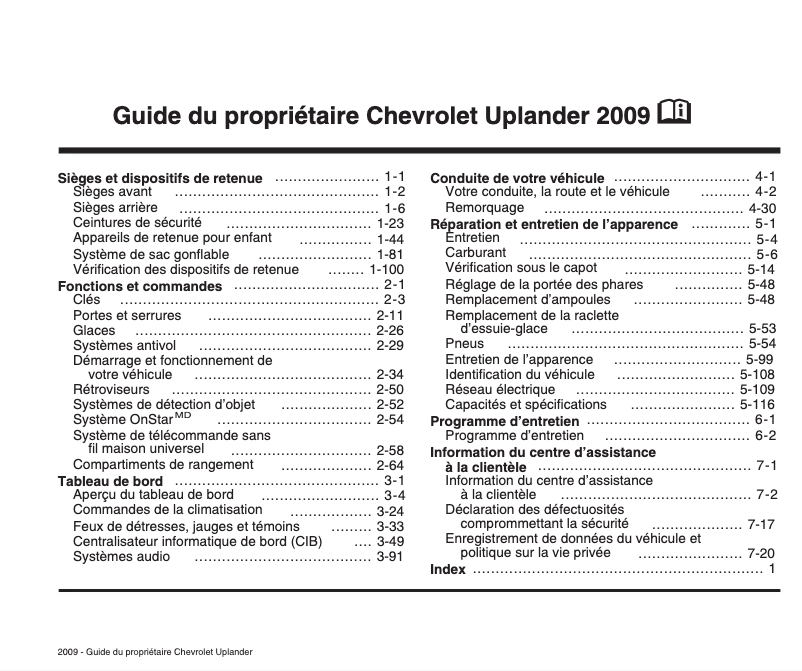 Page 1 de la notice Manuel utilisateur Chevrolet Uplander (2009)
