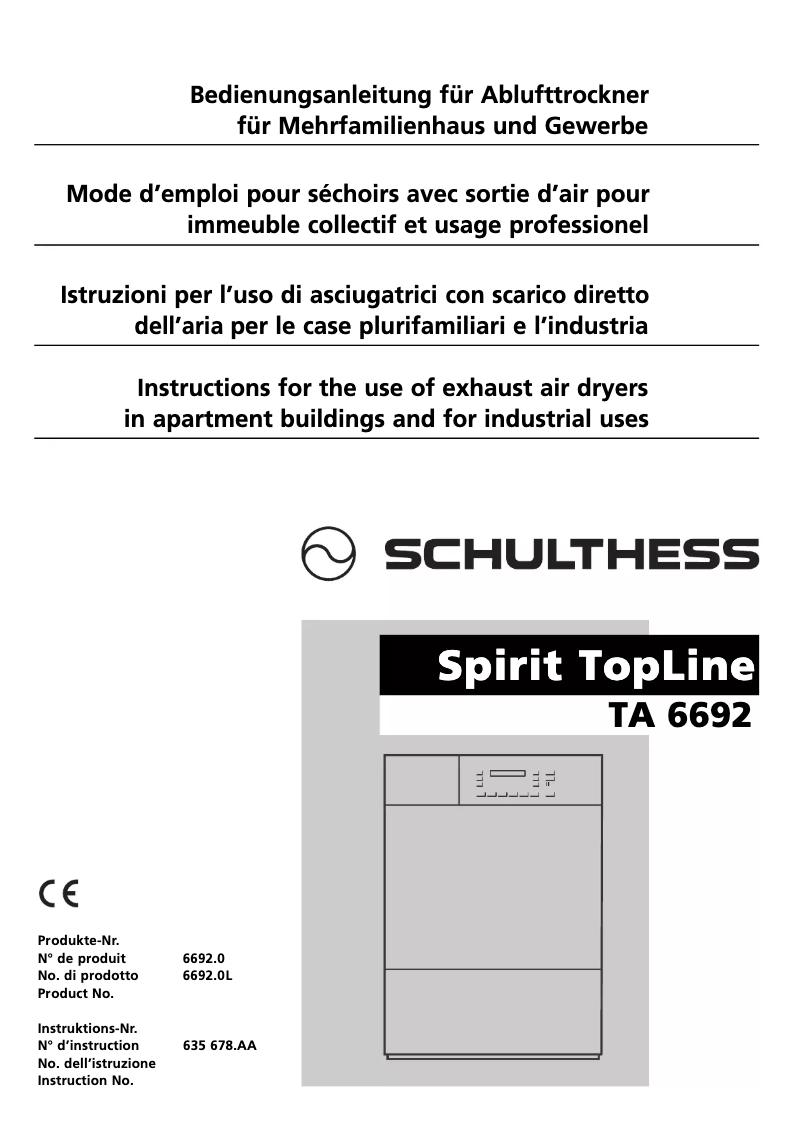 Page 1 de la notice Manuel utilisateur Schulthess Spirit TA 6692