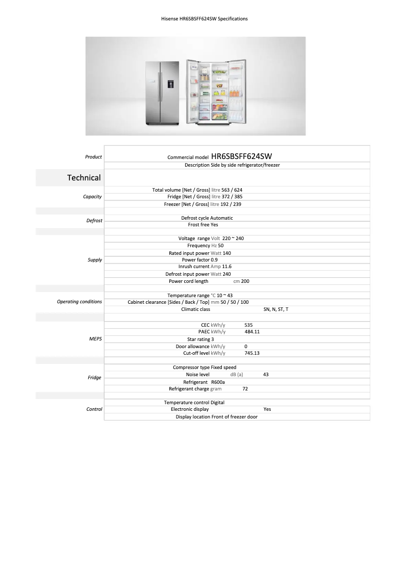 Page 1 de la notice Fiche technique Hisense HR6SBSFF624SW