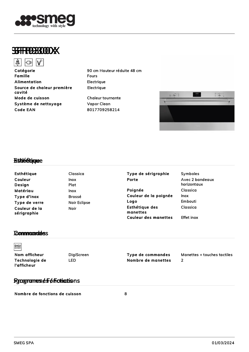 Page n°1 - Fiche technique Smeg SFR9300X