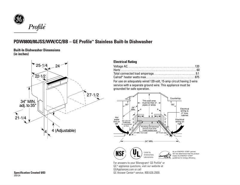 Page 1 de la notice Fiche technique GE Profile PDW8800JCC
