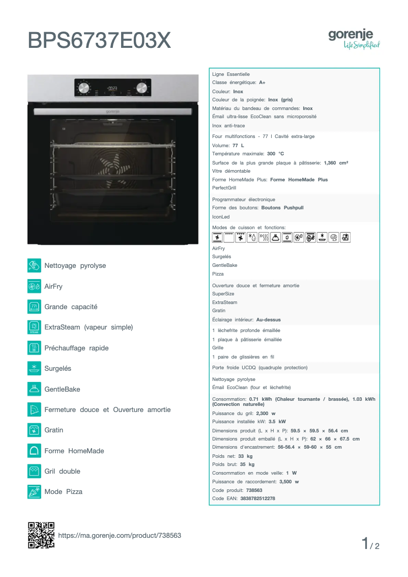 Page n°1 - Fiche technique Gorenje BPS6737E03X