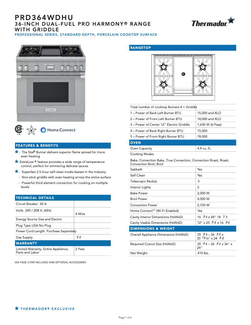 Page 1 de la notice Fiche technique Thermador PRD364WDHU