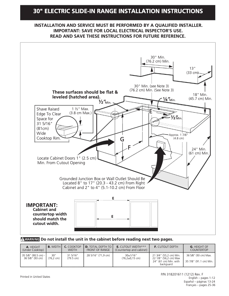 Page 1 de la notice Guide d'installation Frigidaire FES300EB