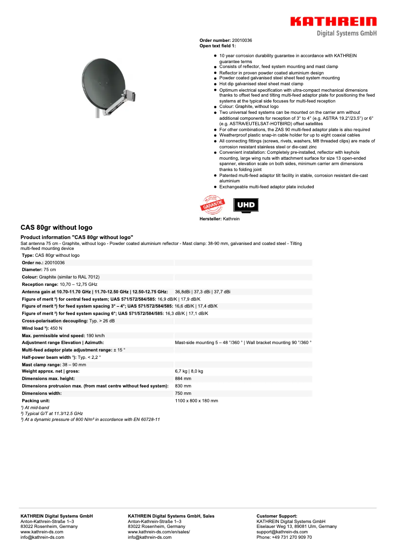 Página 1 del manual Ficha técnica Kathrein CAS 80gr