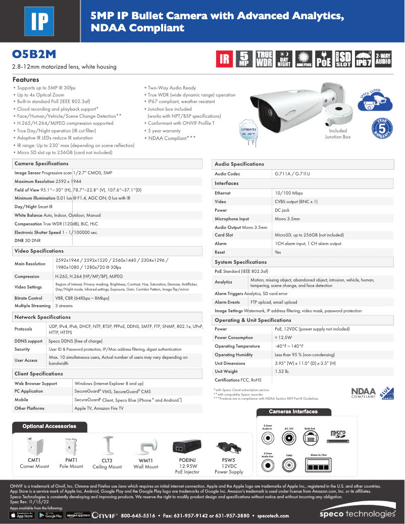Page 1 de la notice Fiche technique Speco Technologies O5B2M