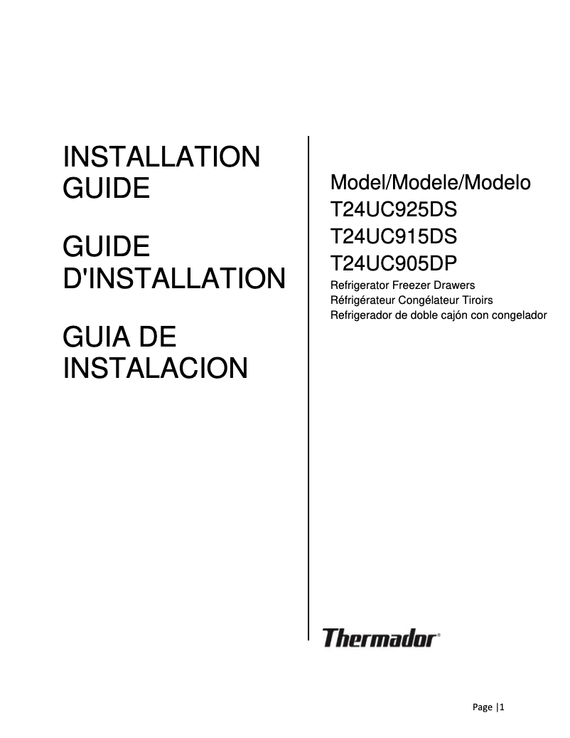 Page 1 de la notice Guide d'installation Thermador T24UC925DS