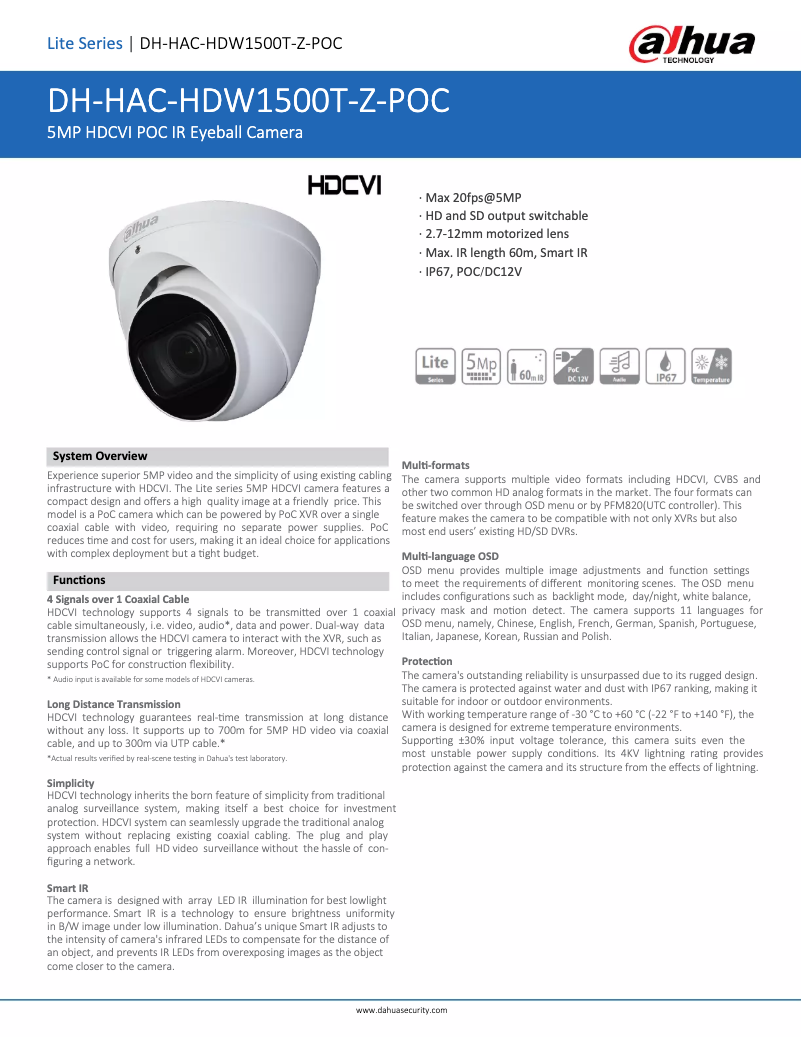 Page 1 de la notice Fiche technique Dahua Technology HAC-HDW1500T-Z-POC