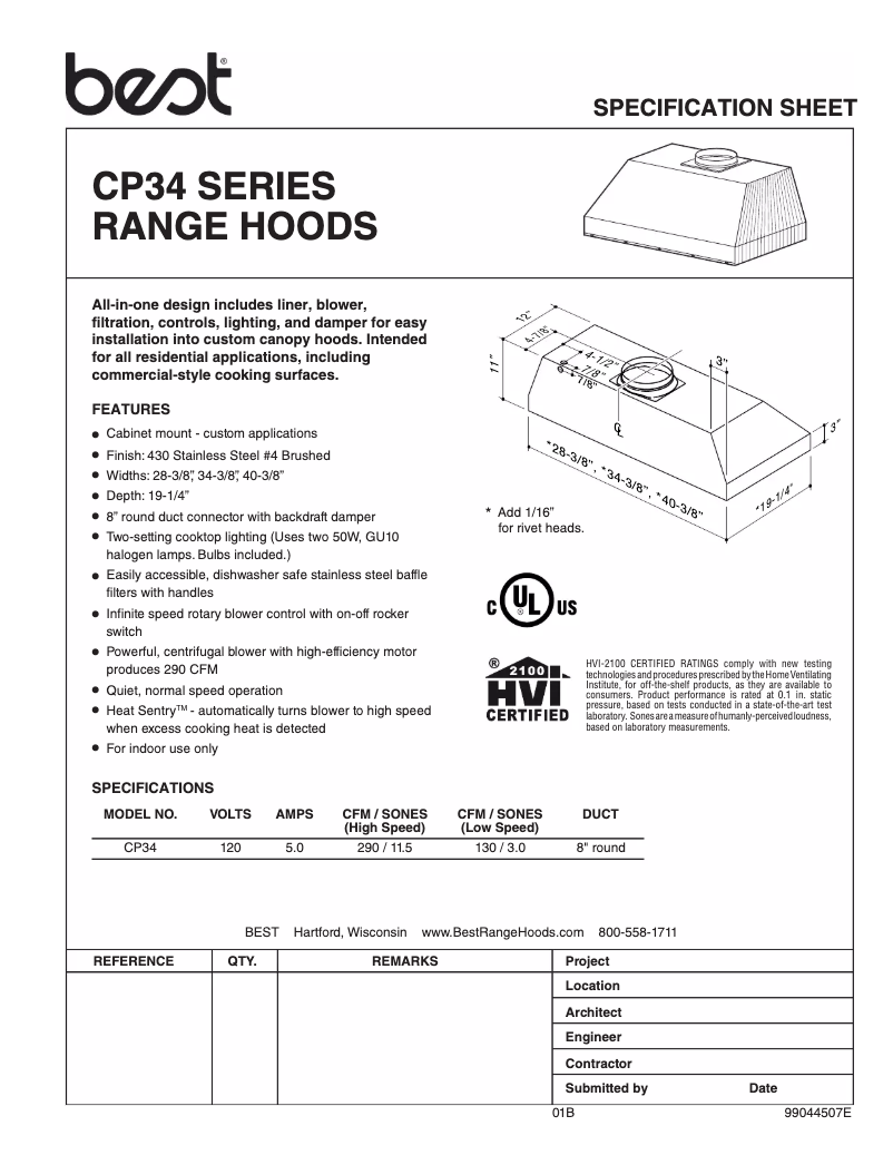 Page 1 de la notice Fiche technique Best CP34I429SB
