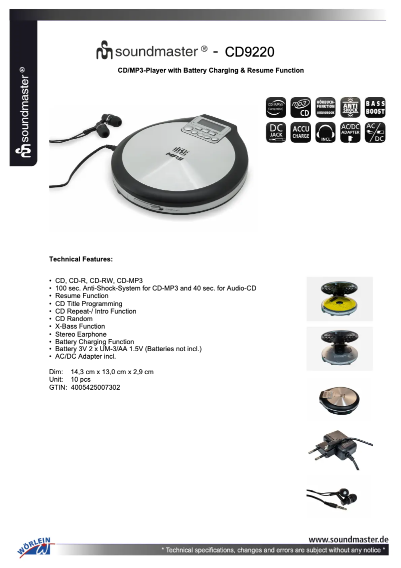 Page n°1 - Fiche technique Soundmaster CD9220