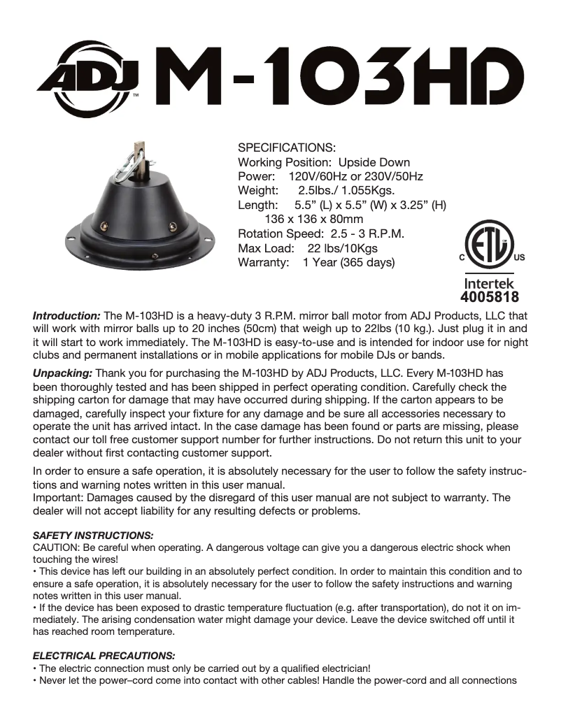 Page 1 de la notice Manuel utilisateur Adj M-103HD