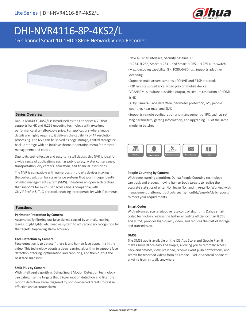 Page 1 de la notice Fiche technique Dahua Technology NVR4116-8P-4KS2/L