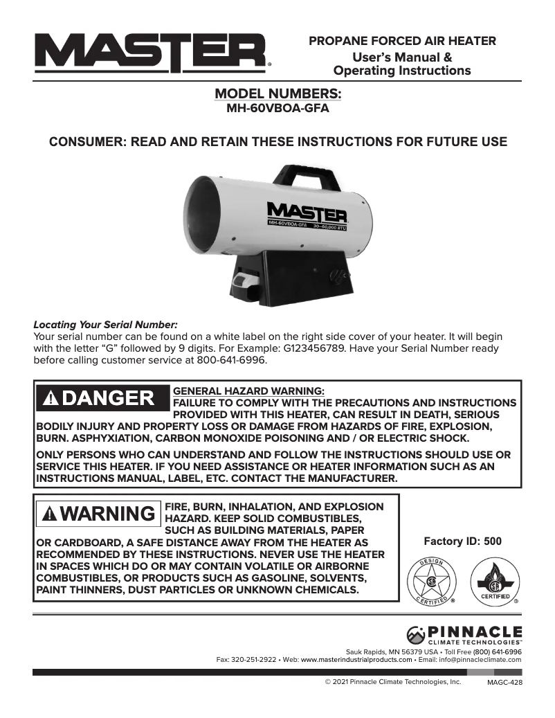 Page 1 de la notice Manuel utilisateur Master MH-60VBOA-GFA-A