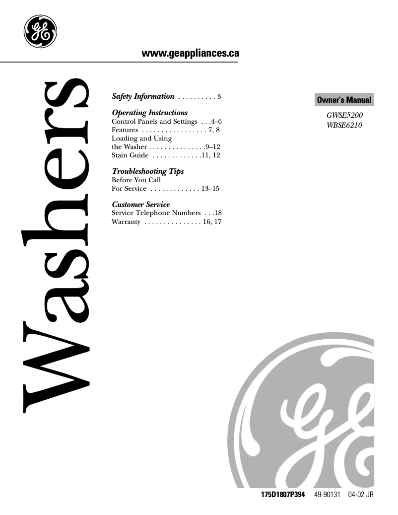 Image de la première page du manuel de l'appareil GWSE5200BWW