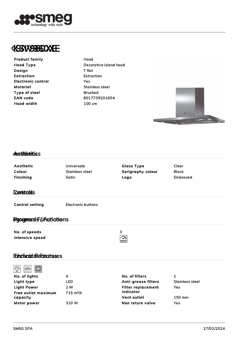 Page 1 de la notice Fiche technique Smeg KSIV960XE
