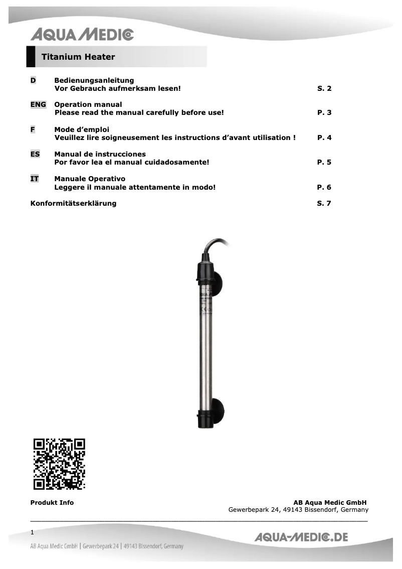 Page n°1 - Manuel utilisateur Aqua Medic Titanium Heater