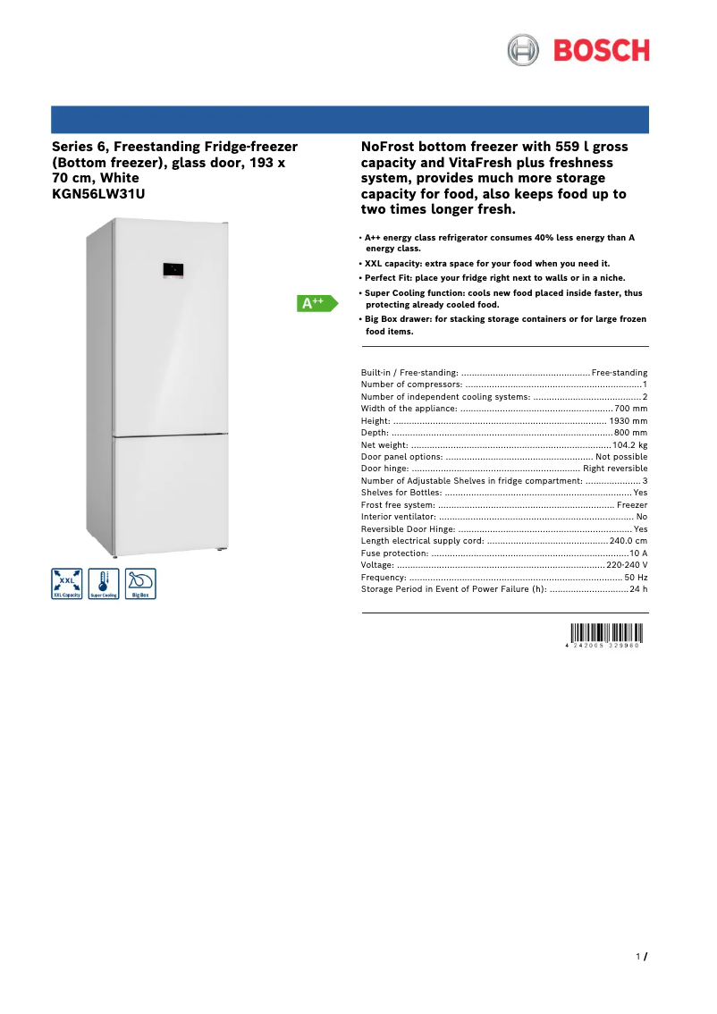 Page n°1 - Fiche technique Bosch KGN56LW31U