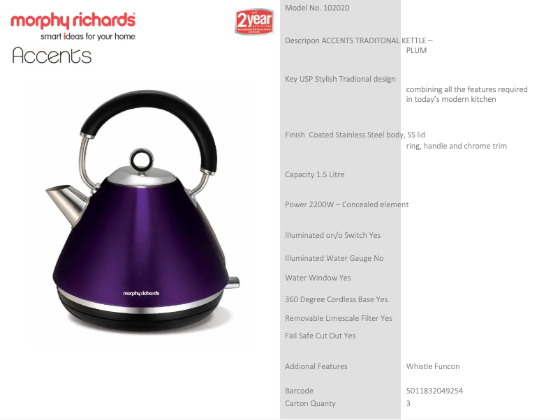 Page 1 de la notice Fiche technique Morphy Richards Accents 102020