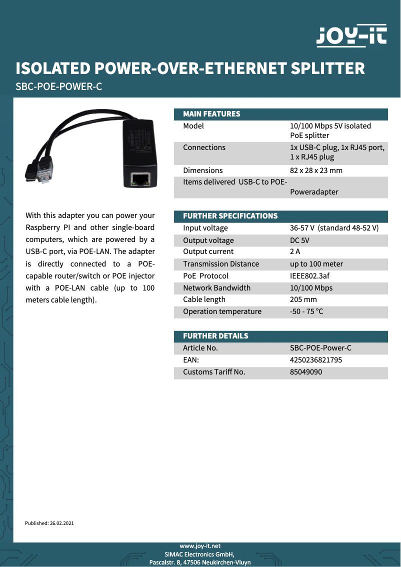 Page n°1 - Fiche technique Joy-It SBC-PoE-Power-C