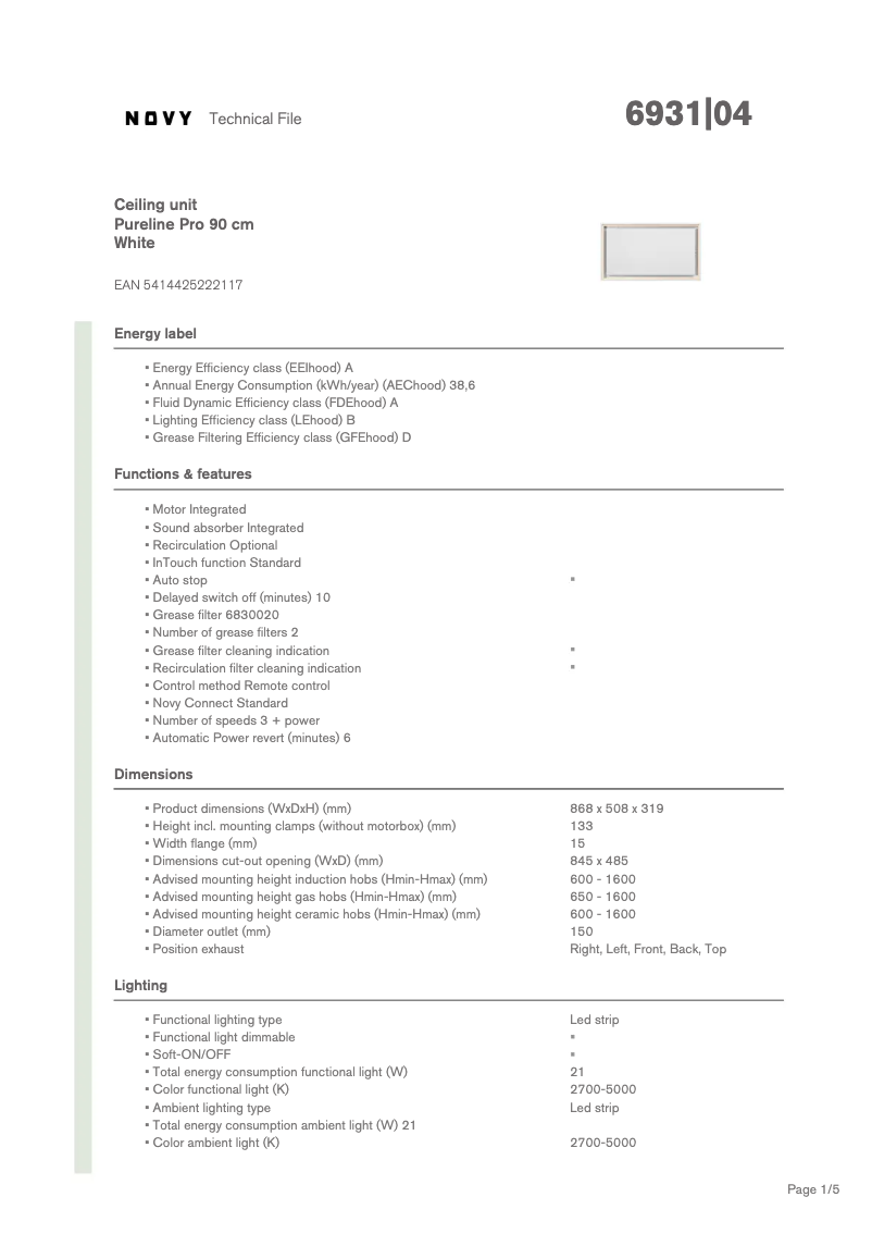 Page 1 de la notice Fiche technique Novy Pure'line Pro 6931