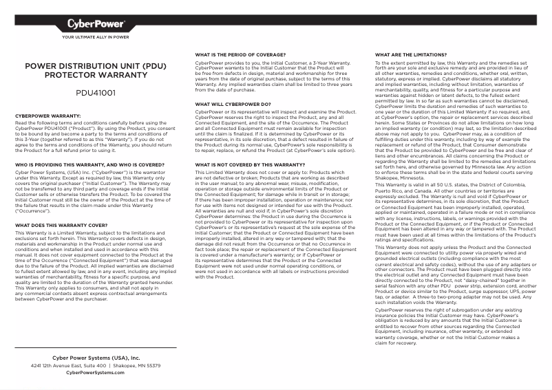 Page 1 de la notice Informations de garantie CyberPower PDU41001
