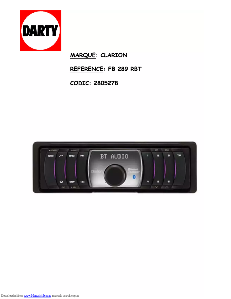 Page 1 de la notice Manuel utilisateur Clarion FB 289 RBT