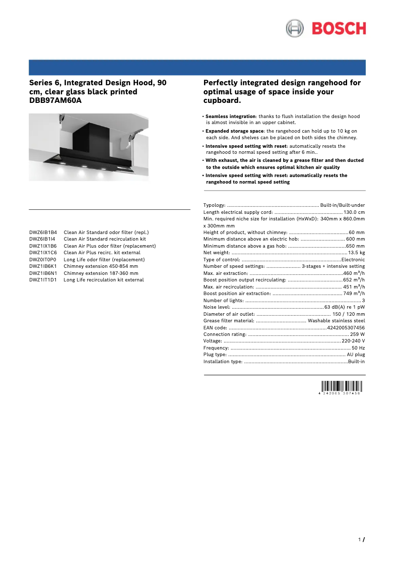 Page 1 de la notice Fiche technique Bosch DBB97AM60A