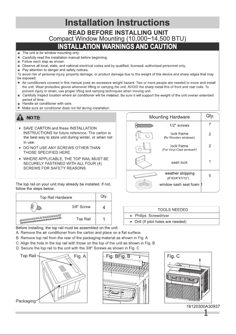 Page 1 de la notice Guide d'installation Frigidaire FHWC123TC1