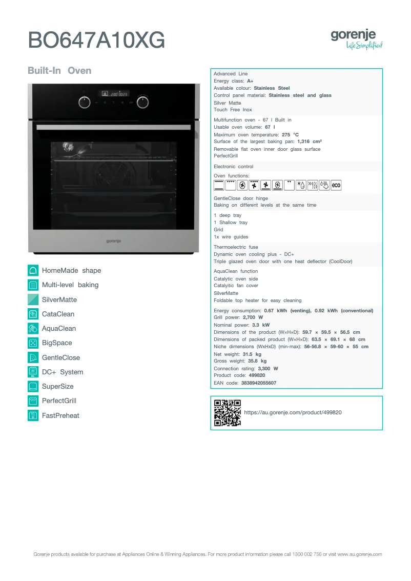 Page n°1 - Fiche technique Gorenje BO647A10XG